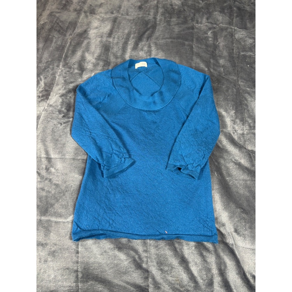 TSE Blue 100% Pure Cashmere Cowl Neck Sweater Womens Small 3/4 Sleeve Pullover